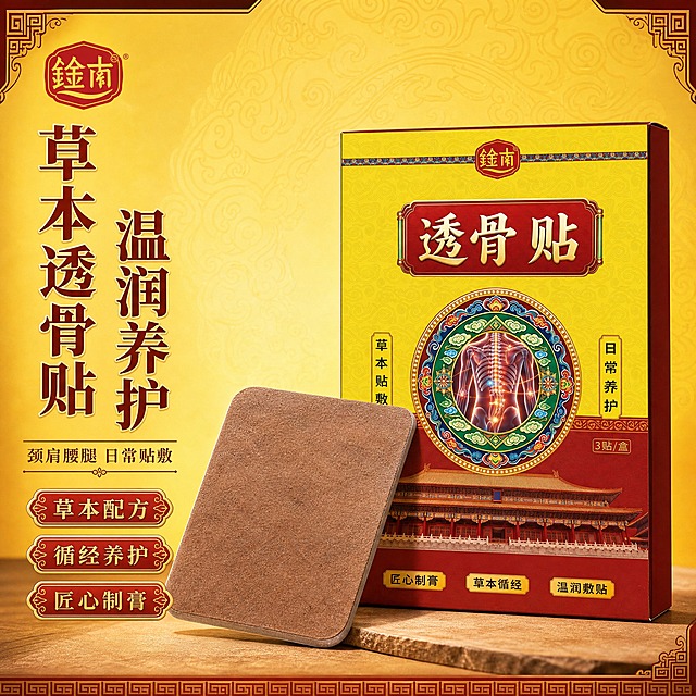 [主图-1] 鈡南透骨贴首图点击率，中式国潮专业品质感，突出草本贴敷日常养护核心价值。
[统一基调] 整体风格为中式传统国潮风，背景主色为明黄色渐变搭配深红色装饰边，标题字色为烫金描边深红色，辅助字色为深褐色，强调色为朱红色，字体为宋体加粗带传统回纹装饰，字号层级分明，信息卡片采用中式云纹边框样式。
[画面] 产品包装盒与单片贴剂组合陈列，包装盒在右侧占画面主要位置，正面完整展示鈡南透骨贴字样与品牌标识，单片棕色贴剂斜放在包装盒左前方，呈现真实厚度与材质纹理。背景为明黄色暗纹祥云底，左上角放置鈡南品牌红色印章式Logo，左侧预留标题区。主体占比约65%。
[光影质感] 商业摄影质感，主光从左上方45度照射，产品边缘有柔和高光，底部有自然接触阴影，包装盒表面有轻微反光体现纸质包装质感，贴剂表面呈现哑光布面纹理。
[配色] 明黄色主背景 + 深红色装饰 + 烫金文字 + 棕色贴剂，整体暖色调，中式传统配色体系。
[文字版式] 左侧竖排主标题"草本透骨贴 温润养护"，下方副标题"颈肩腰腿 日常贴敷"，底部三个中式标签分别写"草本配方""循经养护""匠心制膏"，文字均放在左侧负空间不遮挡产品主体。
[输出要求] 1:1正方形比例，文字清晰锐利，产品完整不切割，高清商业摄影质感。禁止变形、错字、模糊、杂乱背景、水印、平台Logo、医疗功效宣称、绝对化用语。