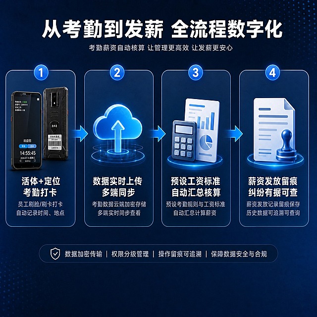 移除图片底部的三个平台对接模块（微信小程序、企业管理系统、财务软件）及其图标和文字，包括中间的连接线；将底部的数据安全提示条（数据加密传输 | 权限分级管理 | 操作留痕可追溯 | 保障数据安全与合规）上移到四个流程卡片下方合适位置，替换原来的多平台对接区域；保持上方四个流程步骤卡片、顶部标题和副标题不变；整体布局均衡协调，背景保持深蓝科技感风格不变；产品外观、图标样式、字体风格与原图保持一致。