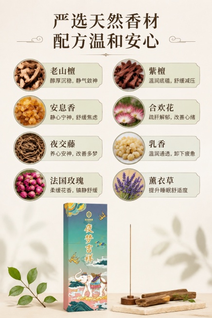 [第3屏] 成分功效解析屏-夜梦吉祥线香天然香材展示。
[氛围/风格] 专业自然风，干净高级质感，天然草本氛围感，真实素材呈现。
[元素布局] 顶部主标题区，中部八款核心香材分两列排列，每个香材配圆形预览效果