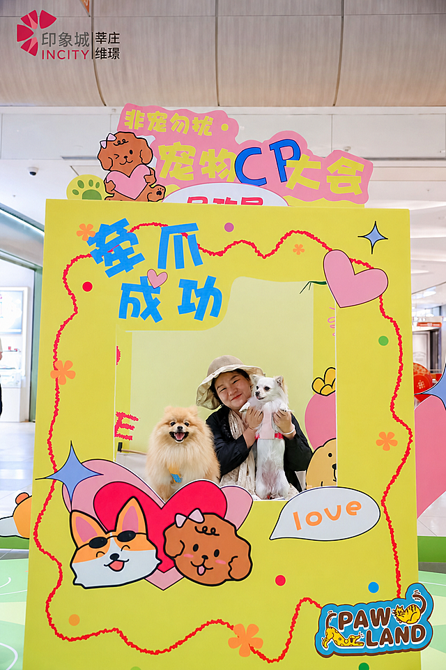 将第二张图中的浅棕色博美狗狗抠图，合成到第一张图中，放在人物和白色狗狗的旁边，保持整体场景风格一致，色彩协调，生成高清画质的图片