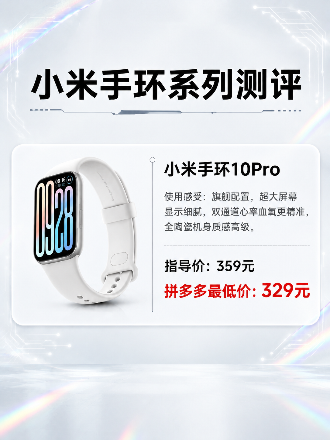 小米手环系列测评海报，版式参考第二张参考图的左右分栏卡片式排版… - 图片创意预览