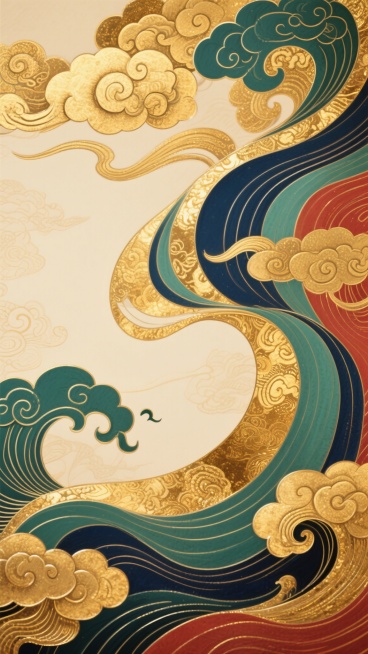 国潮风格背景设计，以金色、深蓝、翠绿、赭石红为主色调，融合传统祥云纹样与流动的波浪形态，呈现出层次丰富的卷曲云纹和飘逸线条。整体采用中国传统工笔重彩技法，色彩浓郁饱和，金色部分带有金属光泽感和细腻的纹理渐变，背景为柔和的米黄色底纹，营造出华丽、庄重且富有东方古典韵味的氛围。画面构图饱满，云纹从左下角和右上角向中心汇聚，形成动态的视觉引导，线条流畅有力，细节繁复精致，体现出国潮设计中对传统文化元……预览效果