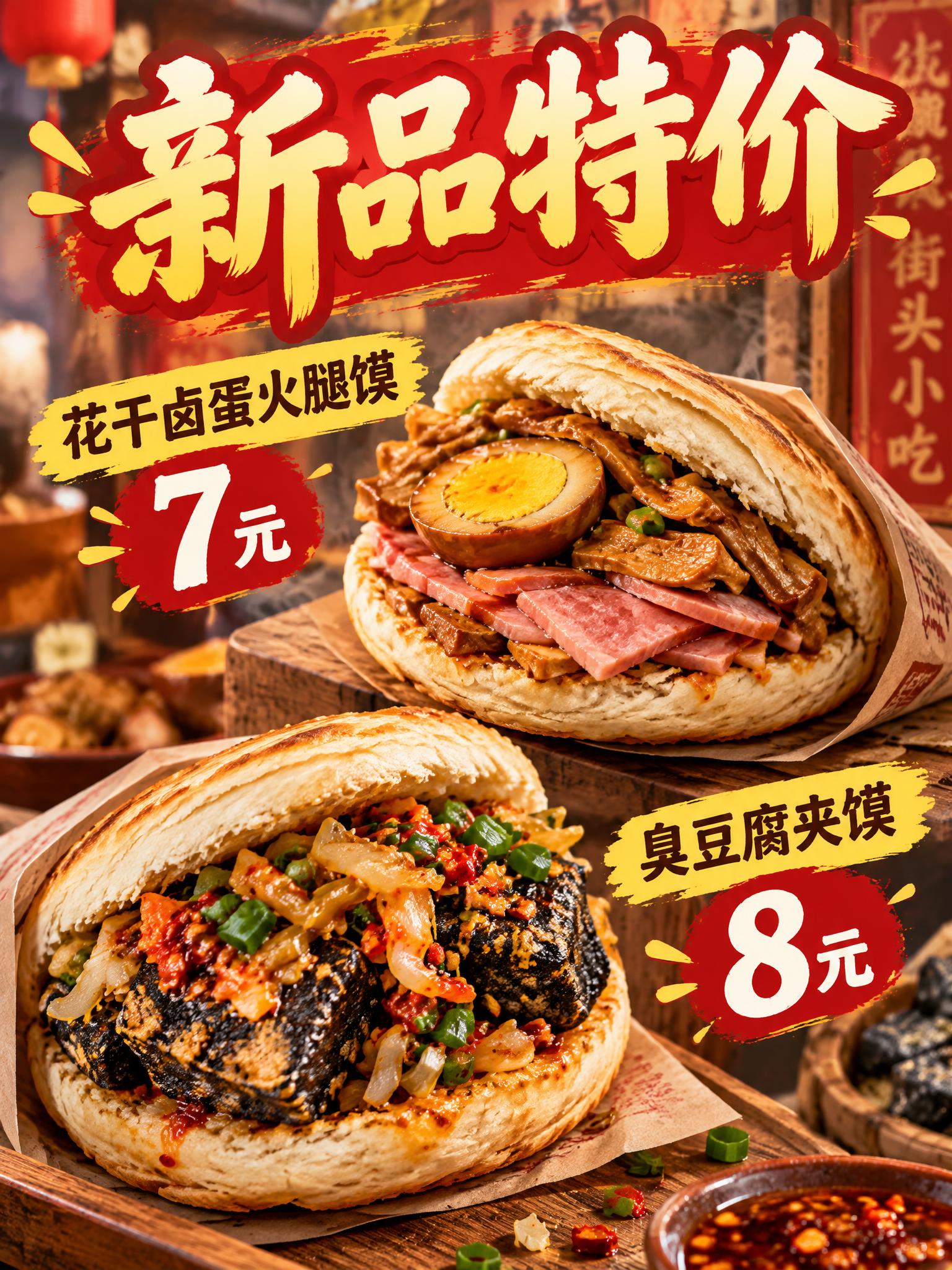 竖向美食促销海报，顶部大字标题"新品特价"，下方展示两款美食：… - 图片创意预览
