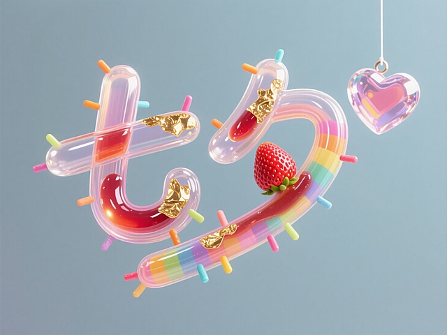 梦幻感3D风设计，软玻璃质感字母与霓虹灯色彩结合，点缀金箔与草莓，营造童话氛围。