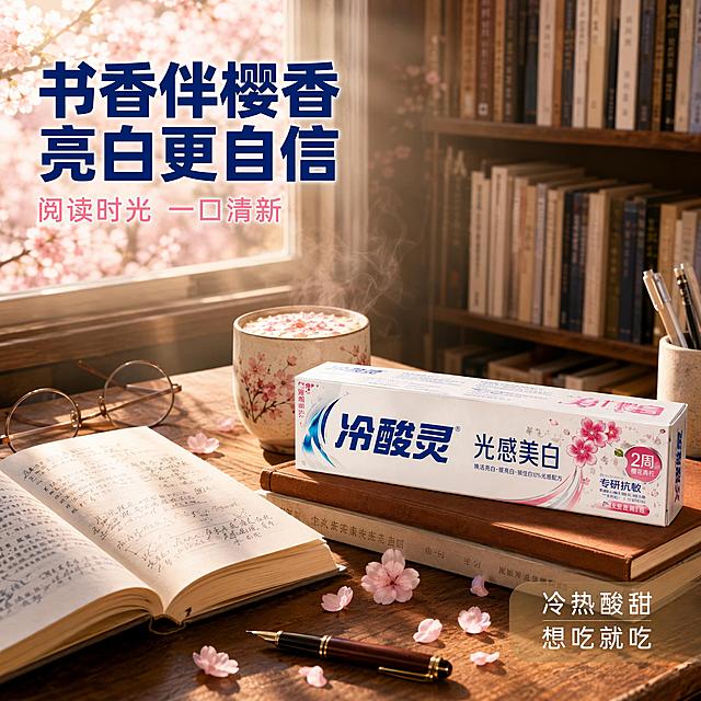 [主图-31] 冷酸灵光感美白牙膏 图书馆书桌文艺场景 学霸清新护齿 文艺青年种草
[氛围风格] 文艺清新 图书馆书桌场景 安静阅读 抖音文艺种草风
[画质] 超高清文艺生活摄影质感 自然光柔和 场景静谧有书卷气
[元素] 图书馆靠窗书桌场景：深棕色木质书桌上，摆放着一本打开的厚书（书页上有手写笔记）、一副圆框眼镜、一杯冒着热气的樱花拿铁、一支复古钢笔、几瓣樱花，以及冷酸灵光感美白牙膏（春日樱花款）产品盒——白色纸盒+蓝色冷酸灵大字+粉色樱花图案+春日樱花标识，与品牌光感美白系列一致，精细化处理。背景是高大的书架，摆满书籍，有柔和的暖光从窗户洒进来。窗外能看到樱花树的枝条。整体营造文艺青年阅读后清新护齿的场景。
[光影] 窗边暖金色自然光，从左上方斜射，形成丁达尔效应；桌面有书本和产品的柔和阴影；整体光线温暖静谧，文艺氛围浓厚。
[配色] 主色调木色棕+书卷米+樱花粉；辅助色品牌蓝+暖金；整体文艺清新，书卷气十足。
[视角构图] 45度俯视角度，书桌横向展开；产品在视觉中心偏右；周围书籍和文具形成文艺氛围；前中后景层次分明，景深较浅。
[文字版式] 左上角排版：大标题"书香伴樱香 亮白更自信"，深蓝色粗体；副标题"阅读时光 一口清新"，粉色中号字。右下角放置"冷热酸甜 想吃就吃"品牌slogan，白色小字带半透明棕底。文字文艺有格调。
[输出要求] 1:1正方形比例，文字清晰，超高清文艺生活质感。
[负向提示词] 变形 文字错乱 产品模糊 背景杂乱 水印 电商平台Logo 人物 全脸 明星肖像
