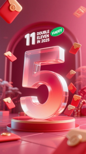 红色渐变磨砂玻璃质感数字 “5”，背景为玫红色。顶部设置白色 “11” 数字与 “DOUBLE ELEVEN IN 2025” 文字，搭配绿色 “Happy” 标识，数字周围装饰红包元素，促销氛围预览效果