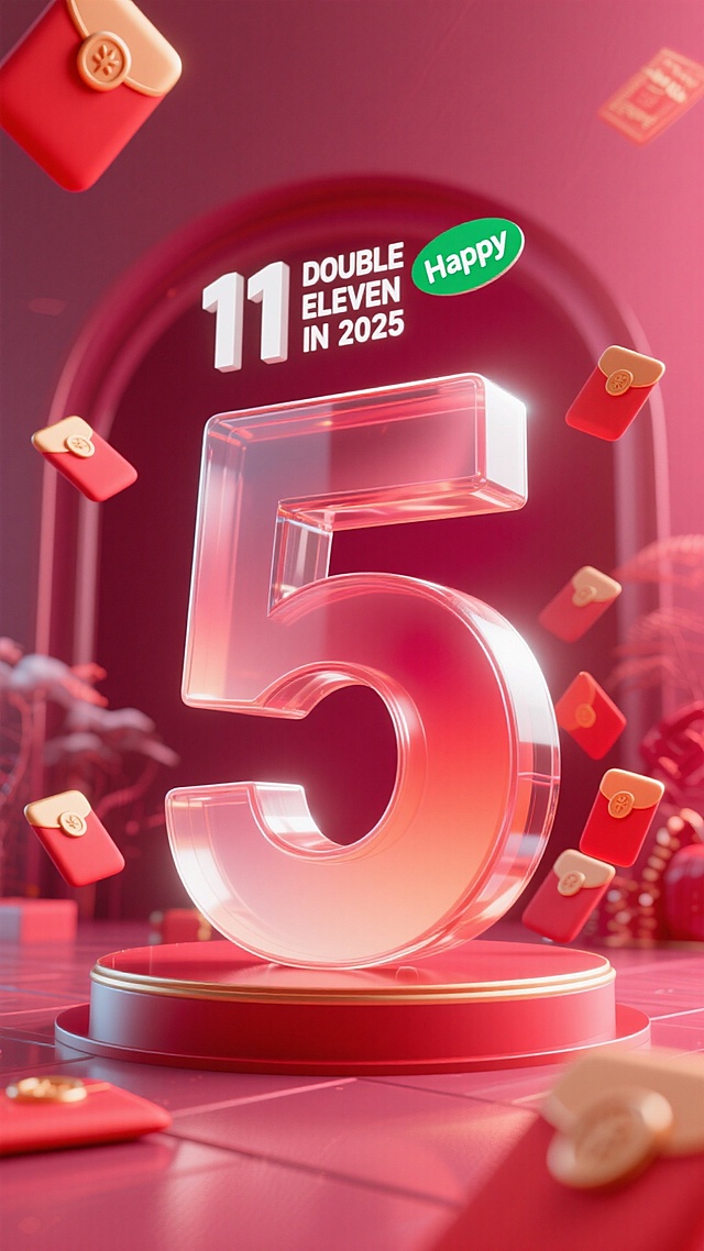 红色渐变磨砂玻璃质感数字 “5”，背景为玫红色。顶部设置白色 “11” 数字与 “DOUBLE ELEVEN IN 2025” 文字，搭配绿色 “Happy” 标识，数字周围装饰红包元素，促销氛围