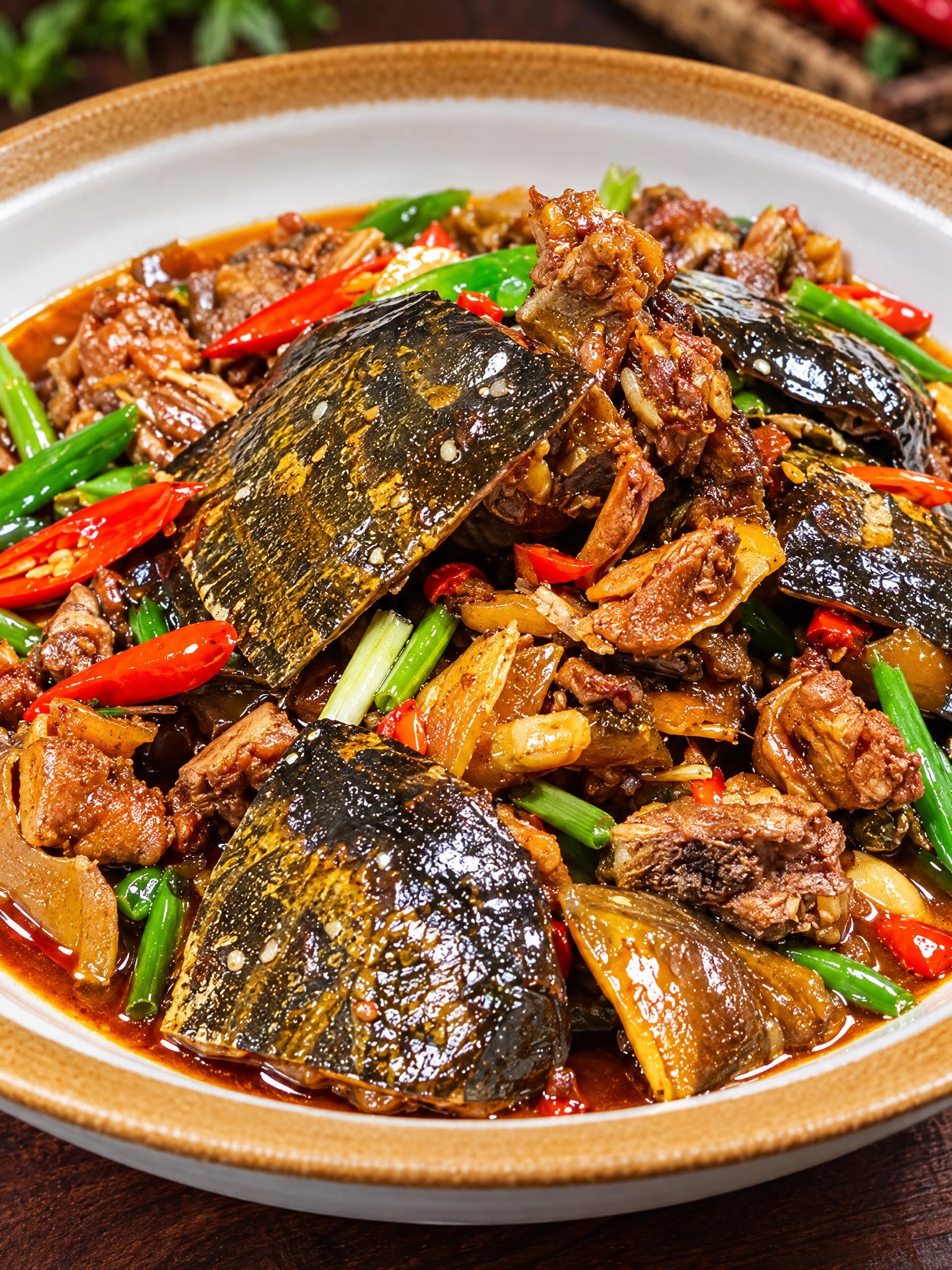 基于参考图中的红烧甲鱼菜品，生成30度俯拍特写角度的美食摄影图… - 图片创意预览