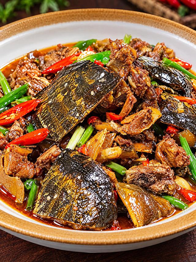 基于参考图中的红烧甲鱼菜品，生成30度俯拍特写角度的美食摄影图，聚焦甲鱼壳和肉质酱汁细节，保持色泽红亮浓郁，搭配青红椒、葱段，棕边白瓷深盘装盛，专业美食摄影，高清细节，浓郁诱人