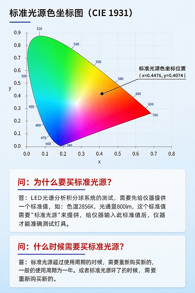 [画面] 2:3竖版电商详情页，标准光源科普FAQ页；画面上半部分约50%为CIE 1931色度图（马蹄形光谱色品图），彩色渐变填充，从绿色到蓝色到红色的光谱色分布，带有坐标网格线和刻度，图中有一条黑色标注线指示标准光源色坐标位置；画面下半部分约50%为两个FAQ问答模块，上下排列；浅蓝渐变背景，从上到下由淡蓝色过渡，专业科研工业质感；整体风格与定标光源详情页全套统一。
[视觉] 套系策略：风格=工业精密仪器杂志高级排版；标题字=现代无衬线粗体；正文字=简洁无衬线体；主色=深蓝科技蓝；背景延展=浅蓝从上至下渐变，干净科研质感；强调色=红色，用于问题标题和下划线；标题色=深炭灰；正文色=深灰；组件=CIE色度图、FAQ问答模块、红色问题标题、蓝色下划线；光影=均匀柔和光，画面平整清晰。
[文字] 下方FAQ区共2组问答：第1组问题「问：为什么要买标准光源？」红色粗体，下方蓝色细下划线，回答「答：LED光谱分析积分球系统的测试，需要先给仪器提供一个标准值，如：色温2856K，光通量800lm，这个标准值需要"标准光源"来提供，给仪器输入此标准值后，仪器才能准确测试灯具。」黑色常规字体；第2组问题「问：什么时候需要买标准光源？」红色粗体，下方蓝色细下划线，回答「答：标准光源超过使用周期的时候，需要重新购买新的，一般的使用周期为一年。或者标准光源坏了的时候，需要重新购买新的。」黑色常规字体；所有文字全部横向排版，清晰易读，手机端可读。
[规格] 图片比例2:3竖版，4K，medium质量，避免模糊、文字错乱、色彩杂乱、低画质、水印、人物、卡通风格、图表错乱。