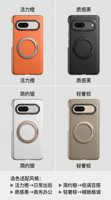 「图片1」「图片1」「图片1」第 1 屏（首屏视觉・抓眼）
视觉要求：
拍摄角度：45° 斜侧手持，同时展示橙 / 银 / 棕 / 黑四色手机壳（黑壳在前，其余三色叠在后方），手指轻触黑色壳的旋转支架预览效果