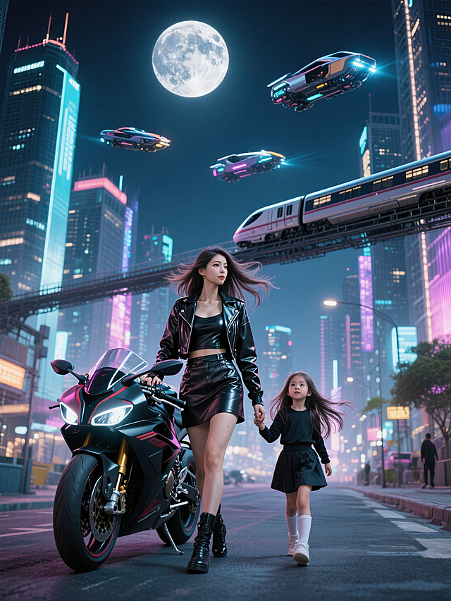 人物穿上炫酷的皮衣，短裙，拉着九岁的可爱的长发女孩子，孩子的身高在母亲的胸部，靠着一辆炫酷的摩托车，头发飞舞帅气的走路姿势，正面站在赛博朋克的街道上，背景夜晚炫酷的灯光和高楼大厦，月亮高高挂在天上，天上飞行着四五辆远近不同的高科技飞车和一辆长长的高铁，铺设了空中轨道。孩子形象参考我发照片，左下角是孩子照片，右上角是母亲照片