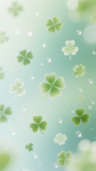 柔和渐变的浅绿色背景，上面点缀着许多大小不一、形态各异的四叶草图案，四叶草以轻盈的姿态散布在整个画面中，部分四叶草带有轻微的透明感和模糊效果，营造出梦幻朦胧的氛围。背景中还散布着一些细小的白色光斑和光点，如同清晨的露珠般闪烁，整体画面清新、柔和、充满生机，给人一种宁静、美好的感觉。预览效果