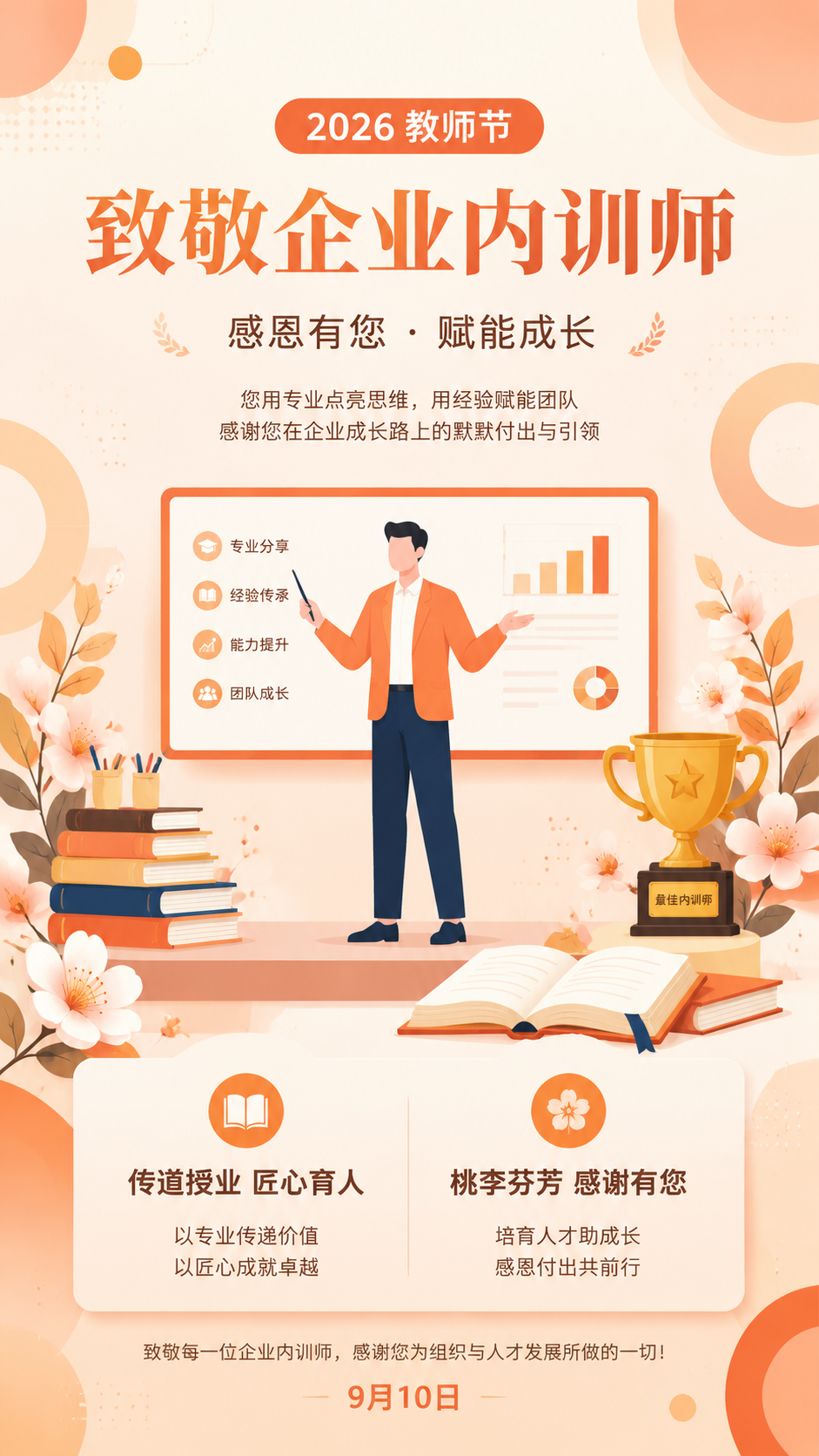 现代扁平插画风格的企业教师节海报，2026年9月10日教师节，… - 图片创意预览