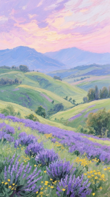 一幅印象派风格的户外风景画，画面中是连绵起伏的丘陵，覆盖着莫奈式的斑驳绿色笔触，点缀着盛开的紫色薰衣草花田和黄色野花，远处是朦胧的蓝色山脉轮廓，天空呈现出柔和的粉紫色晚霞，光线温暖而梦幻，充满流动感的笔触让整个场景仿佛在微风中轻轻摇曳，展现出与原照片截然不同的艺术化户外景致。预览效果