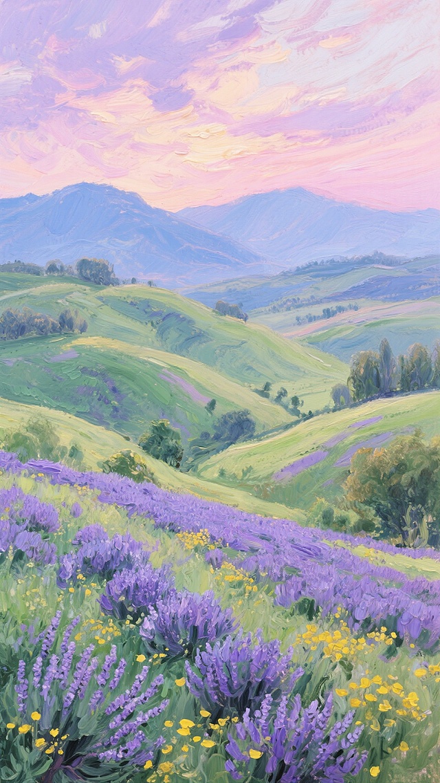 一幅印象派风格的户外风景画，画面中是连绵起伏的丘陵，覆盖着莫奈式的斑驳绿色笔触，点缀着盛开的紫色薰衣草花田和黄色野花，远处是朦胧的蓝色山脉轮廓，天空呈现出柔和的粉紫色晚霞，光线温暖而梦幻，充满流动感的笔触让整个场景仿佛在微风中轻轻摇曳，展现出与原照片截然不同的艺术化户外景致。