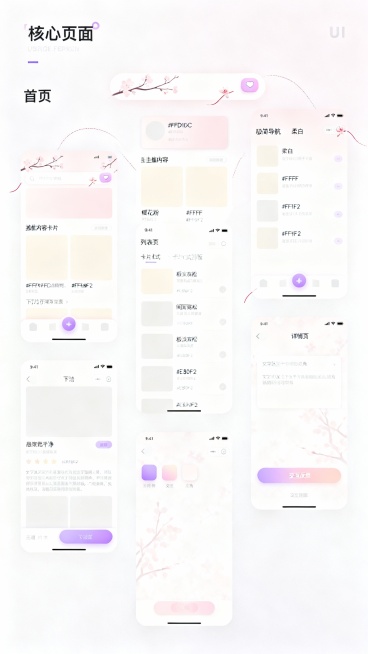 樱花主题UI界面设计，风格浪漫治愈+极简清爽，无视觉杂乱感；主配色为樱花粉（#FFD1DC）、柔白（#FFFFFF）、浅杏（#FFF9F2），点缀极淡灰紫（#E8E0F2），色彩柔和不刺眼；界面大面积预览效果