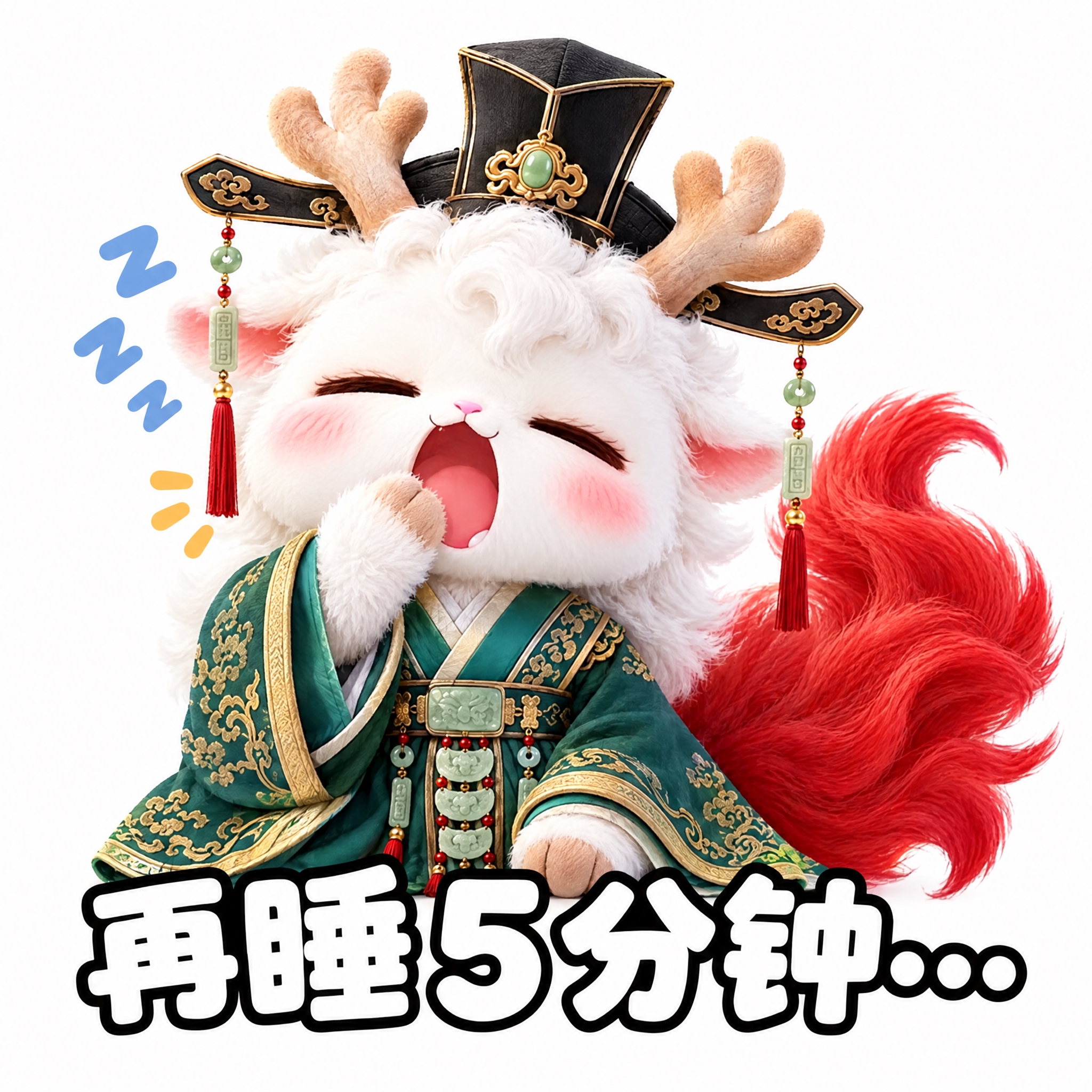 参考图中的白色鹿角神兽（穿绿色汉服、戴黑色官帽、红色尾巴），做… - 图片创意预览