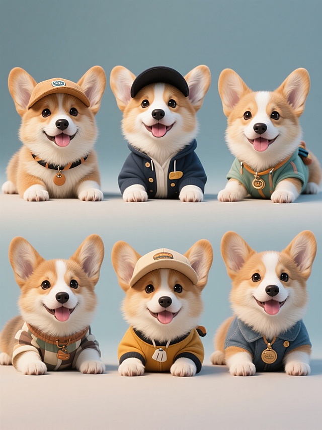 六只不同穿搭的柯基幼犬系列素材集合，每只柯基均保持原图中可爱的趴卧姿态、明亮有神的眼睛、微张的嘴巴和吐舌的开心表情，毛发呈现细腻的短毛质感与自然的光影过渡，整体采用高清晰度、写实的摄影风格，背景为纯色，画面整体色彩变换，六只柯基规整排布，每只的穿搭完全不同且各具特色，包括但不限于不同风格的帽子、衣服、配饰等，所有元素保持清晰的细节和统一的高质量视觉呈现。