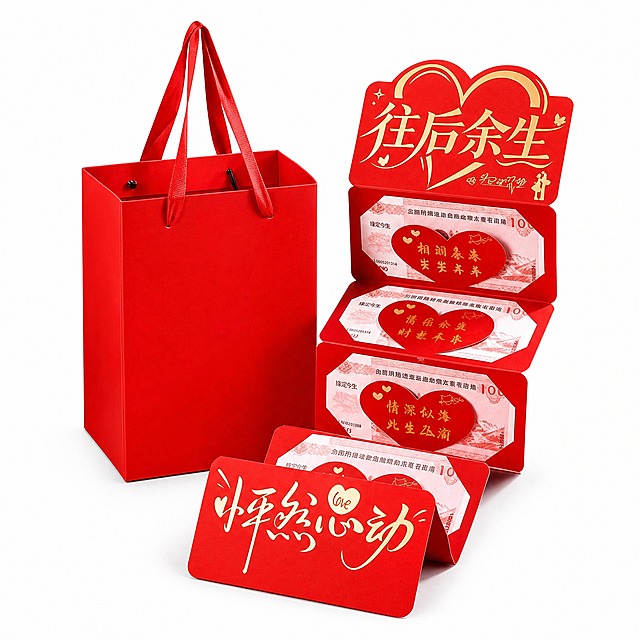 [主图-1] 亚马逊跨境纯白底首图，商品为往后余生折叠红包礼盒套装（含红色手提礼袋、多层折叠红包、爱心卡位、烫金文字），唯一任务是在纯白背景上完整、清晰、居中展示整套产品，让买家一眼看清商品形态、结构、颜色和材质，符合Amazon首图合规要求。
[统一基调] 纯白底 #FFFFFF 背景，无任何文字、无卖点标签、无场景道具、无水印、无边框、无平台Logo，仅保留产品本身及其自然投影，产品为视觉唯一主体，商业摄影质感，真实还原产品外观。
[画面] 画面中央完整展示整套产品组合：左侧为正立的红色手提礼袋，右侧为展开状态的多层折叠红包礼盒，礼盒呈阶梯式展开，可清晰看到每一层爱心卡位与内部结构，最前方平放一个闭合状态的红包封面作为补充视角。产品整体居中偏下摆放，左右对称留白充足，产品占画面约85%以上，确保主体饱满且不裁切。产品外观、颜色、结构、烫金文字、爱心造型与输入产品图完全一致，红色礼袋的缎面提手自然垂落，红包的折叠层次清晰分明，烫金文字光泽自然。
[光影质感] 专业商业棚拍质感，主光从左上方45度照射，光线柔和均匀，产品红色表面呈现自然的明暗过渡，烫金部分有细腻金属反光，礼袋纸张与红包卡纸的材质纹理真实可辨。产品底部有柔和自然的接触阴影，阴影浅淡不浓重，使产品稳稳落在白底上，无悬浮感，无硬切边缘，无原图背景残留。
[配色] 背景为纯净白色 #FFFFFF，产品保持原有的正红色与金色烫金配色，色彩饱和准确，无色偏，红色鲜亮不发灰，金色有金属质感。
[文字版式] 画面中不添加任何额外文字、标题、卖点、标签、图标或信息框，完全符合亚马逊首图无文字要求。产品本身自带的烫金中文文字保留原样，不做修改或去除。
[输出要求] 比例1:1，2048px*2048px，2k高清分辨率，产品边缘锐利清晰，细节丰富，整体干净通透。负向：变形、扭曲、穿模、产品模糊、色差、悬浮、硬切边缘、水印、平台Logo、多余文字、杂乱背景、多余道具、人物、手模。