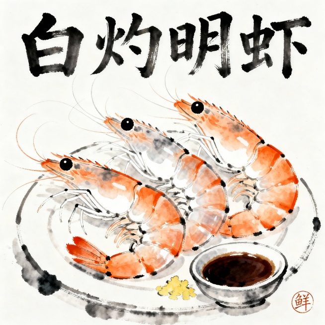 33. 白灼明虾
构图：3-4只弯虾呈扇形排列，虾身半透明

笔法：

虾身用淡墨勾勒，节节分明

虾须用细笔飞白，表现弹性质感

虾头浓墨点眼，虾尾轻扫

色彩：

虾身：煮后橙红渐变，腹部留白预览效果
