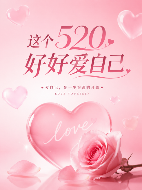 浪漫爱情风格520海报，包含主题文字“这个520，好好爱自己”，画面有粉色渐变背景，点缀半透明爱心，风格简约浪漫统一，高级感预览效果