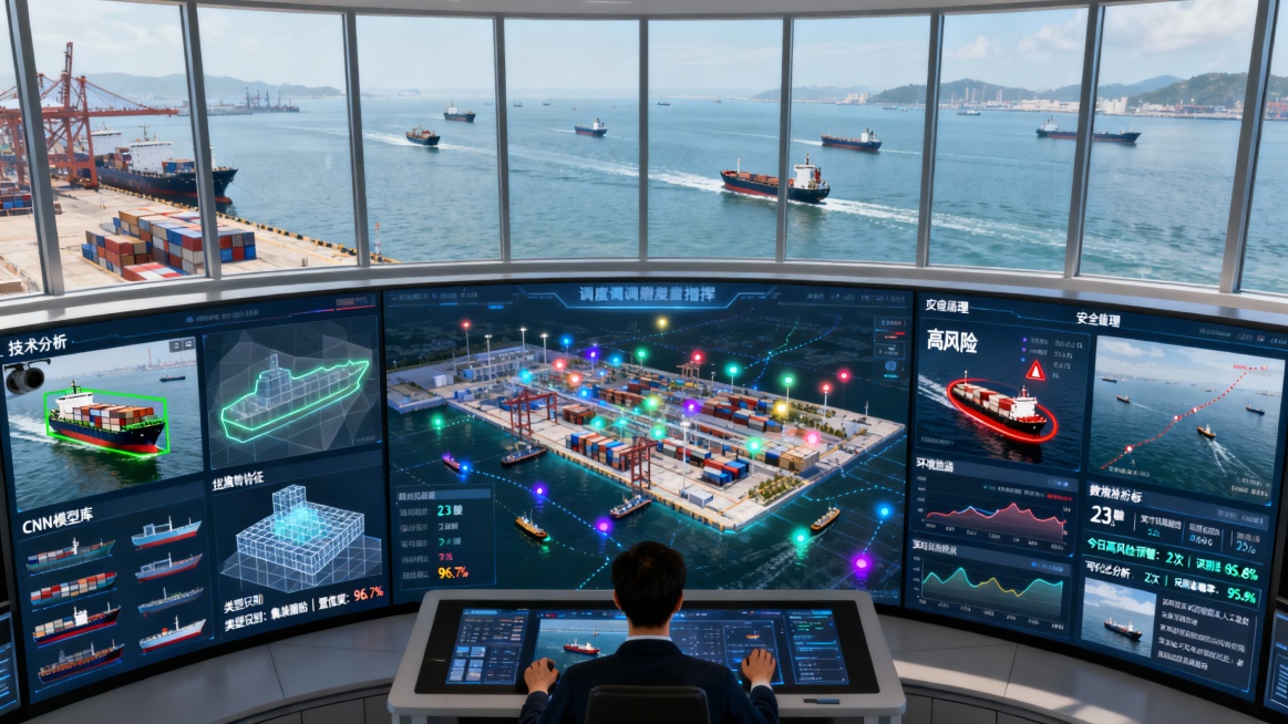 画面以现代化港口调度指挥中心为背景，呈现专业、高效的运营环境。巨大的弧形监控墙被分为多个功能区，窗外是广阔的港区海域，多艘不同类型的船舶正在航行或靠泊。

中央主屏幕显示港口三维数字孪生模型，不同颜色预览效果