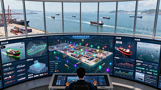 画面以现代化港口调度指挥中心为背景，呈现专业、高效的运营环境。巨大的弧形监控墙被分为多个功能区，窗外是广阔的港区海域，多艘不同类型的船舶正在航行或靠泊。

中央主屏幕显示港口三维数字孪生模型，不同颜色的动态光点代表各类船舶的实时位置与运动轨迹，直观呈现全港船舶动态态势。

左侧技术分析区可视化展示船舶AI识别核心流程：

图像识别模块：摄像头实时画面中，一艘集装箱船被绿色识别框初步锁定。半透明图层展示边缘检测与轮廓提取过程，船舶轮廓被高亮勾勒。

深度学习分类模块：提取的轮廓特征与右侧数据库中的卷积神经网络（CNN）模型库进行比对，模型库以立体网格形式呈现不同船型特征。比对结果以数据流形式输出：“类型识别：集装箱船 | 置信度：96.7%”。

右侧应用场景屏分区域呈现多维度应用：

安全管理视图：标记为“高风险”的油轮被红色警示圈特别标注，其航行轨迹被持续跟踪。

货物追踪界面：识别出的集装箱船旁同步显示其装载的集装箱数量、尺寸分布与目的地统计。

环境监测数据：屏幕一角展示船舶排放监测曲线与环保合规状态。

数据分析看板位于监控台前，正滚动显示：“实时识别船舶：23艘 | 今日高风险预警：2次 | 识别准确率：95.8%”。一块可视化面板分析着不同天气条件下的历史识别率对比。

监控员正通过触摸屏调阅一艘识别置信度较低的船舶进行人工复核。整体光线明亮通透，氛围冷静专注。科技感精确地体现在图像处理可视化、深度学习模型交互与多业务数据融合界面上。风格为高度写实的港口指挥场景，强调AI识别系统如何作为“港口的智慧海图”，将视觉感知、智能分析与业务决策深度融合，系统性提升船舶管理的精准度与港口运营的安全效能。