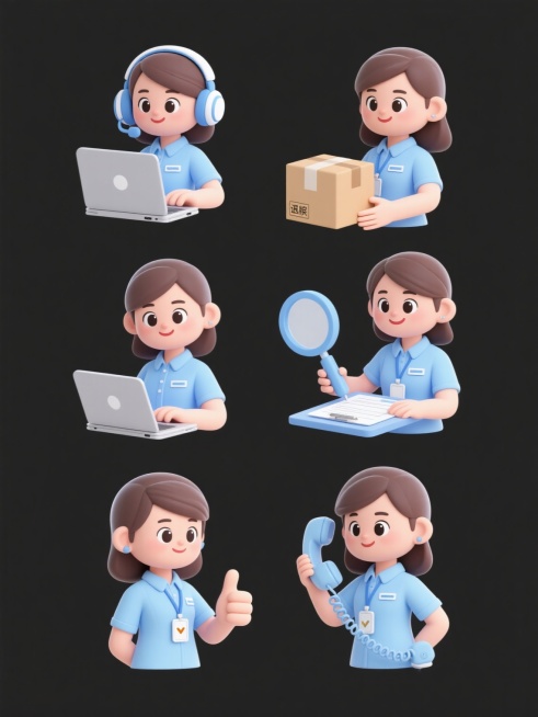 一组6个售后客服主题的3D卡通图标，保持统一的清新可爱风格，每个图标中的角色均为穿着浅蓝色制服、佩戴工牌的年轻女性，拥有明亮的大眼睛和友好的表情。图标内容分别为：1. 角色戴着耳机使用笔记本电脑进行在线咨询；2. 角色手持包裹展示商品退换服务；3. 角色微笑着手持放大镜检查产品质量；4. 角色正在填写表单处理售后申请；5. 角色竖起大拇指提供满意度评价服务；6. 角色手持客服热线电话。所有图标……预览效果