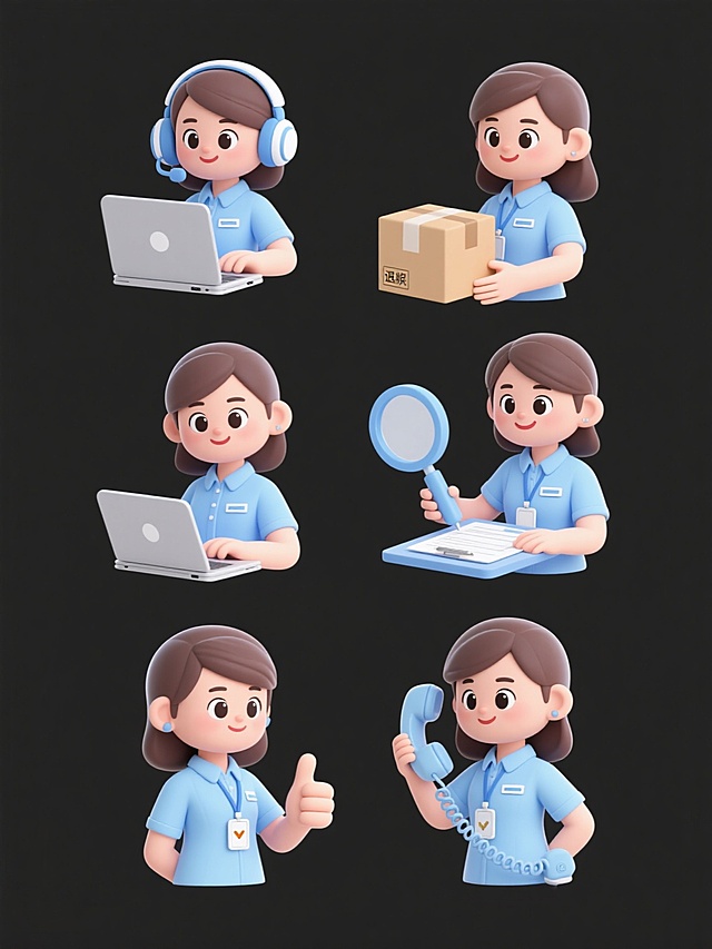 一组6个售后客服主题的3D卡通图标，保持统一的清新可爱风格，每个图标中的角色均为穿着浅蓝色制服、佩戴工牌的年轻女性，拥有明亮的大眼睛和友好的表情。图标内容分别为：1. 角色戴着耳机使用笔记本电脑进行在线咨询；2. 角色手持包裹展示商品退换服务；3. 角色微笑着手持放大镜检查产品质量；4. 角色正在填写表单处理售后申请；5. 角色竖起大拇指提供满意度评价服务；6. 角色手持客服热线电话。所有图标采用纯白色纯色背景，元素排布规整，角色姿态自然生动，色彩以浅蓝色为主色调，搭配白色和浅灰色，光影柔和，边缘清晰，整体呈现出专业、亲切且统一的视觉效果，适合作为售后客服系列素材集合使用。