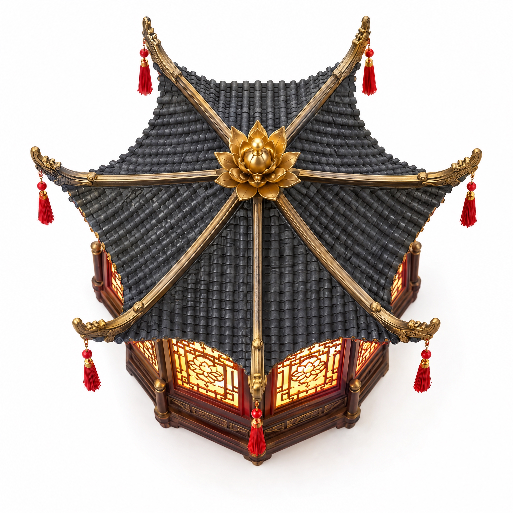 产品多角度效果图之顶视俯视角度，从正上方俯视一座精致的楼阁造型… - 图片创意预览