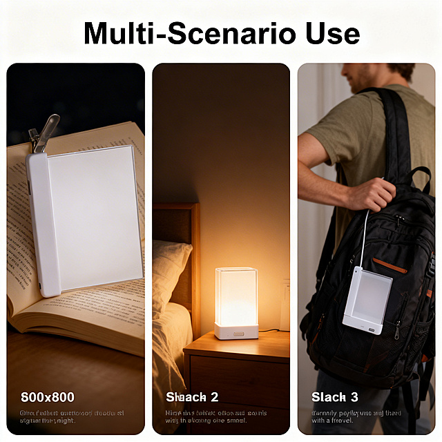 Eighth detail page, show multiple application scenarios with slice layout. Product is 100% same as original. This page has 3 sliced sections showing different use cases: 1. clipped to book for night reading, 2. placed on bedside table as night light, 3. carried in backpack for travel. Prominent main title: "Multi-Scenario Use", bold English font at top. Product stays intact, don't cut product. Each slice area has a small caption, modern style, 800x800 size, uniform lighting.