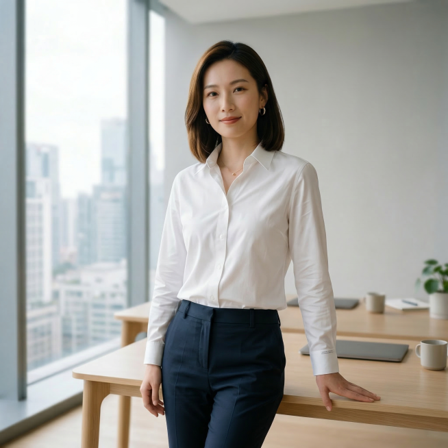 优化图片，更加凸显主卖品高级感通勤白衬衫，增强衬衫质感与细节展示，让衬衫的抗皱免烫、简约利落的特质更突出，背景保持浅灰色极简办公空间不变，进一步虚化背景突出衬衫主体预览效果