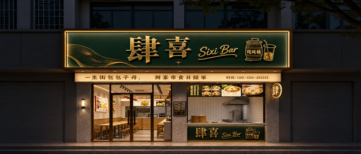 参考image1的烫金字体立体效果和墨绿色背景风格，生成image2中文字“肆喜 Sixi Bar 吨吨桶”的门店招牌设计，保留整体画面布局，把字体处理成立体烫金色，背景改为墨绿色，保留左侧金色流线装预览效果