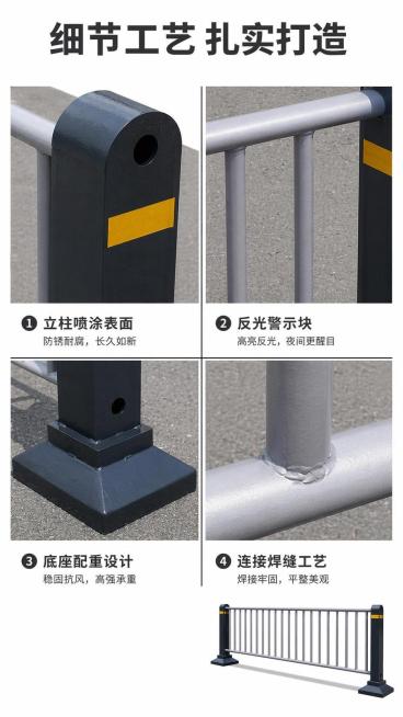 [第7屏] 细节放大展示页-机非道路护栏关键部位细节展示。本屏使用【图1】截取局部放大。
[氛围/风格] 微距细节展示，清晰突出工艺质感。
[元素布局] 顶部标题，下方2×2宫格展示四个细节：左上角立预览效果