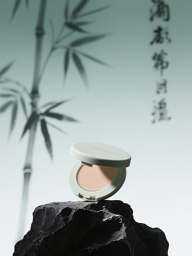 简约东方美学风格，主体遮瑕盘，置于黑色岩石台座，背景虚化融入水墨竹影、书法元素浅绿色渐变背景