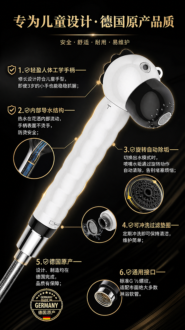 参考这张详情页的设计风格和排版，设计一张儿童花洒的电商主图详情页，尺寸9:16。产品是图片1的斑马造型黑白儿童手持花洒，黑色简约背景，金色字体标题写着"专为儿童设计·德国原产品质"，按照以下文案排版分点展示产品卖点：1.✅轻盈人体工学手柄——修长设计符合儿童手型，即使3岁的小手也能稳稳抓握；2.✅内部导水结构——热水在花洒内部流动，手柄表面不烫手，防烫安全；3.✅旋转自动除垢——切换出水模式时，喷嘴水垢通过旋转动作自动清除，告别堵塞烦恼；4.✅可冲洗过滤垫圈——定期冲洗即可保持清洁，维护简单；5.✅德国原产——设计、制造均在德国完成，品质有保障；6.✅通用接口——标准G ½螺纹，适配市面绝大多数淋浴软管，整体风格高端商务，产品展示清晰，卖点突出。