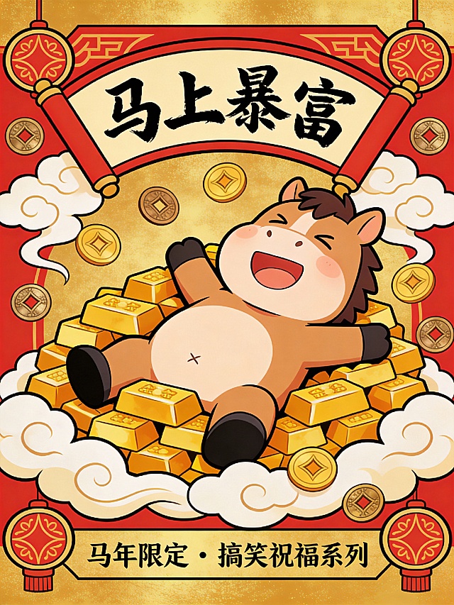 国潮插画风，拟人小马躺卧金条堆中，喜庆红金配色，卡通可爱，鎏金元素点缀，印刷质感浓厚，传递马年暴富祝福。