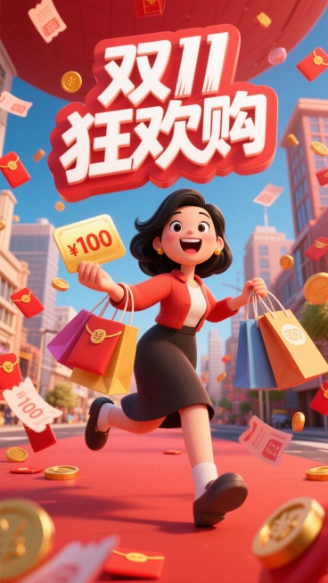 3D卡通插画风格，主文案“双11狂欢购”粗壮体，笔画有装饰，笔画粗细不一。强烈镜头畸变，冲击力强，大幅度夸张动作，画面四周围绕的是很多红包和金币、优惠券，一个黑色长发穿搭时尚的家庭主妇，左手刚刚接着一预览效果