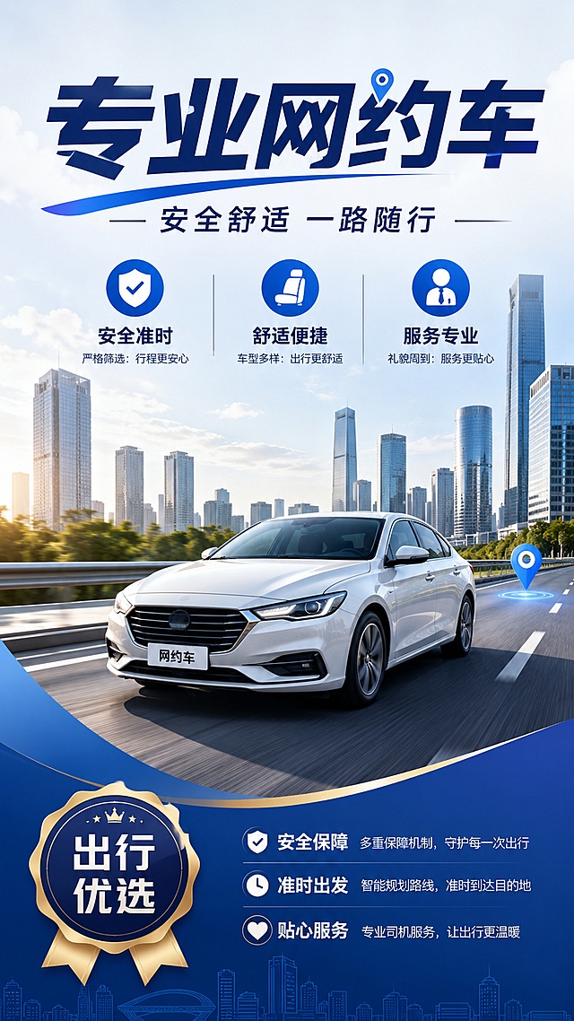 现代简约商业风格网约车司机宣传海报，主标题文字是"专业网约车"，副标题文字是"安全舒适 一路随行"，卖点文字分别是"安全准时"、"舒适便捷"、"服务专业"，装饰文字"出行优选"。画面主体为简约城市道路场景，搭配汽车元素，整体配色干净专业，版式精美，分区清晰，主次分明，9:16竖版，分辨率4K。
