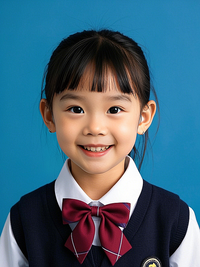 小朋友，小女孩，校服穿搭，表情生动，可爱，蓝色背景