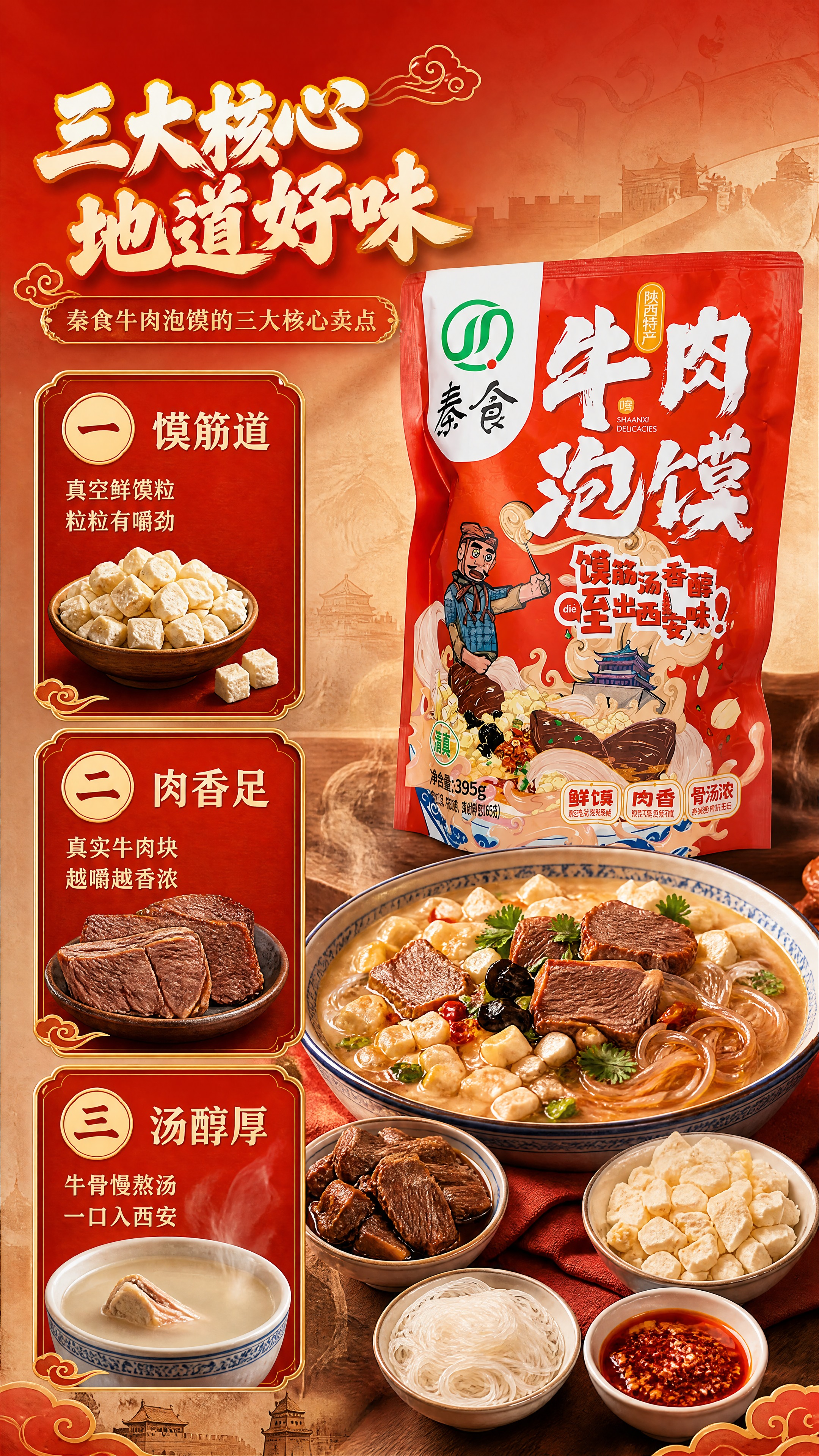 [商品] 使用【图2】秦食牛肉泡馍红色包装袋；保留包装结构、L… - 图片创意预览