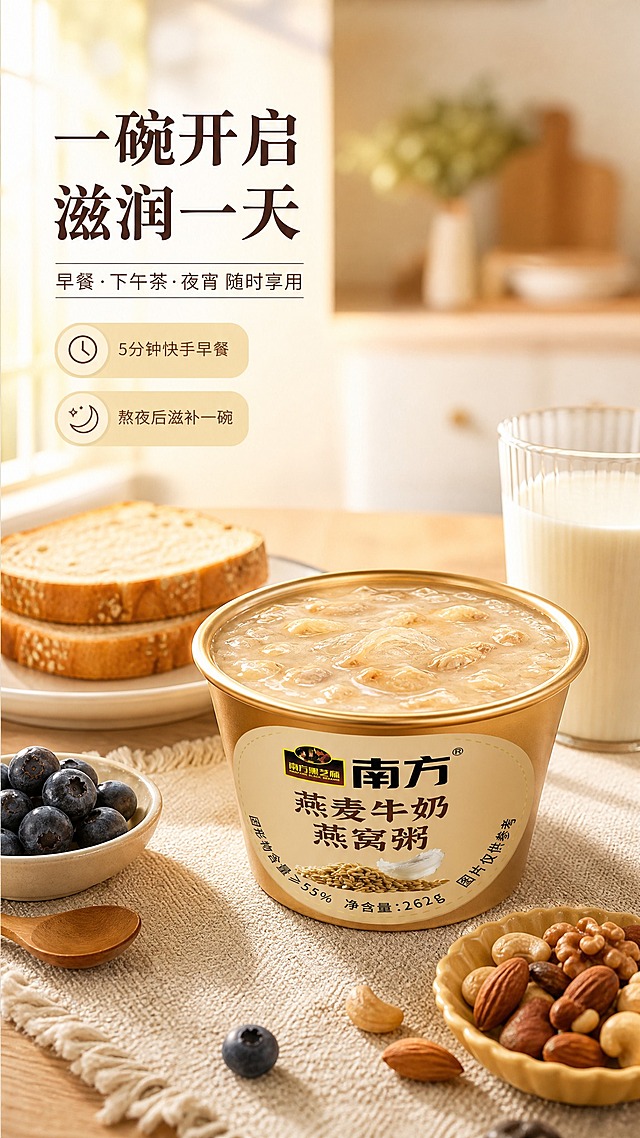 [商品] 使用【图1】碗装南方燕麦牛奶燕窝粥；保留金色碗身、标签文字、南方Logo；商品处理：增强碗身质感与粥体食欲，不改变产品结构。
[画面] 目标：场景种草，展示日常食用时刻。构图：温馨餐桌场景，木质餐桌上放着一碗打开的燕窝粥，旁边搭配切片面包、蓝莓、一杯牛奶和一小碟坚果。晨光从左侧窗户洒入，形成温暖的早餐氛围。碗装产品位于画面中心偏右，占画面45%。前景有餐布纹理，中景食物组合，后景虚化的厨房背景。
[视觉] 套系策略：风格=中式轻养生高级商业摄影；标题字=宋体粗体带衬线，温润有质感；正文字=简洁无衬线体；主色=米杏暖金；背景延展=基于米杏色做深浅层级、暖木色与奶白色搭配；强调色=深棕金，仅用于小面积标签；标题色=深棕褐色；正文色=中暖褐色；组件=圆角浅金信息卡；光影=左侧自然光，温暖柔和，食物有自然高光。
[文字] 左上主标题"一碗开启滋润一天"，副标题"早餐·下午茶·夜宵 随时享用"。下方两个短句："5分钟快手早餐""熬夜后滋补一碗"。文字横向排版，位于左上留白区。
[规格] 单屏比例9:16竖版，分辨率2K，负向提示：避免场景杂乱、产品不突出、文字过小、冷色调、虚假功效。