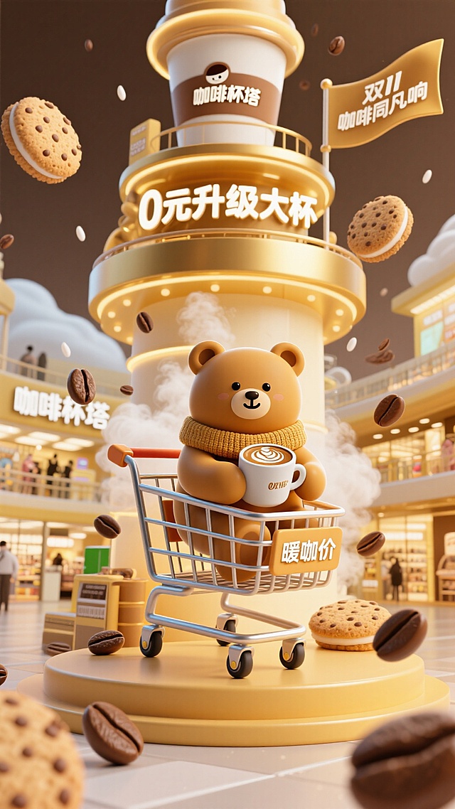 软3D风格萌熊推车购咖啡，拟人化设计搭配鎏金塔楼与飘浮饼干，营造温馨趣味的双十一促销氛围。