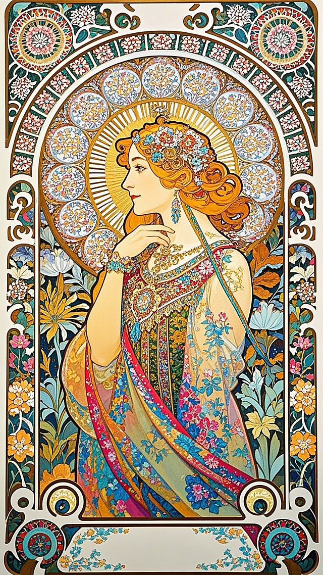 复古穆夏风插画，极繁主义设计，水彩与刺绣结合，梦幻优雅，节日氛围浓厚。