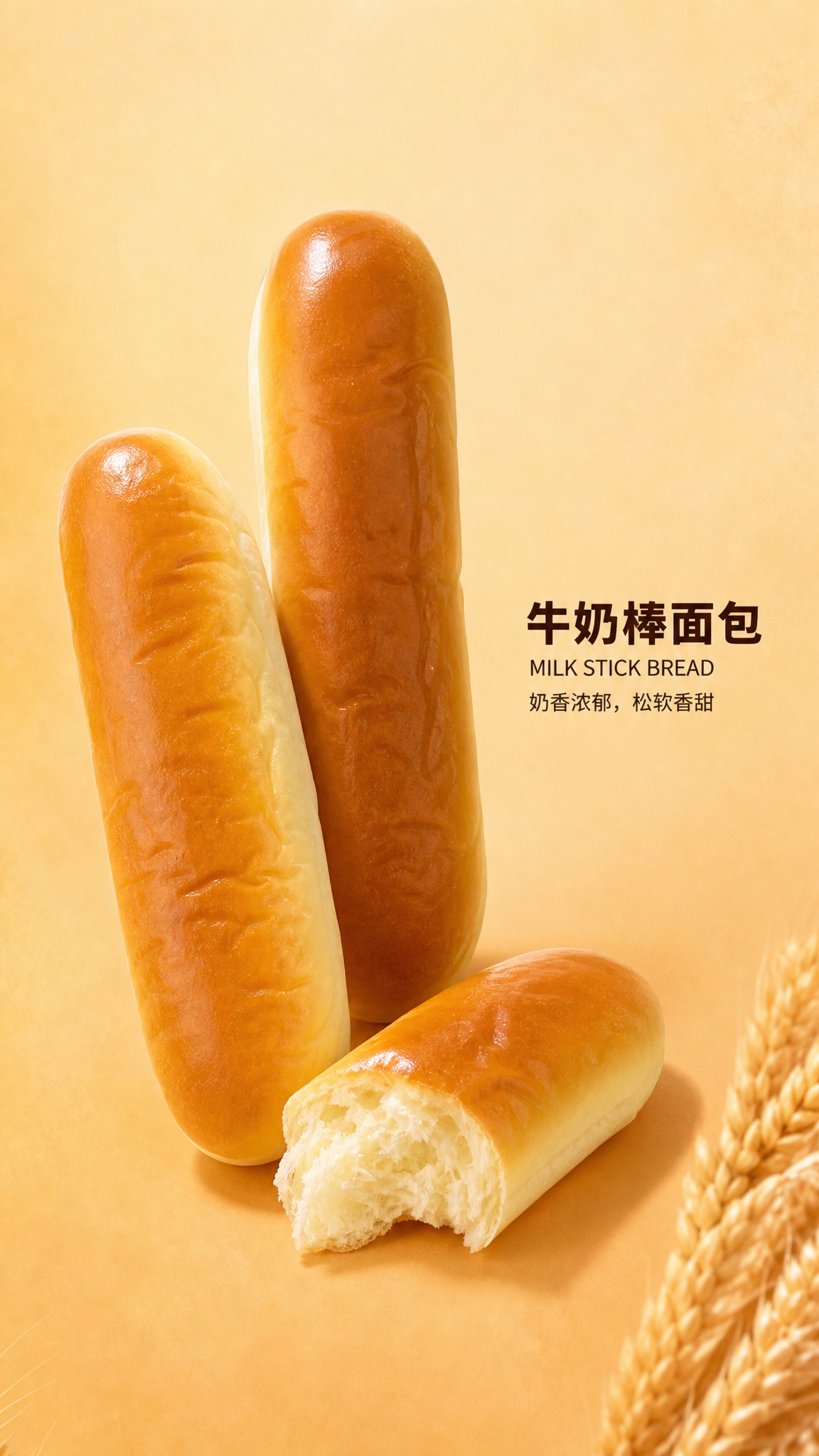 参考图1的面包海报模板风格，将图3的牛奶棒面包作为主体，去掉包… - 图片创意预览