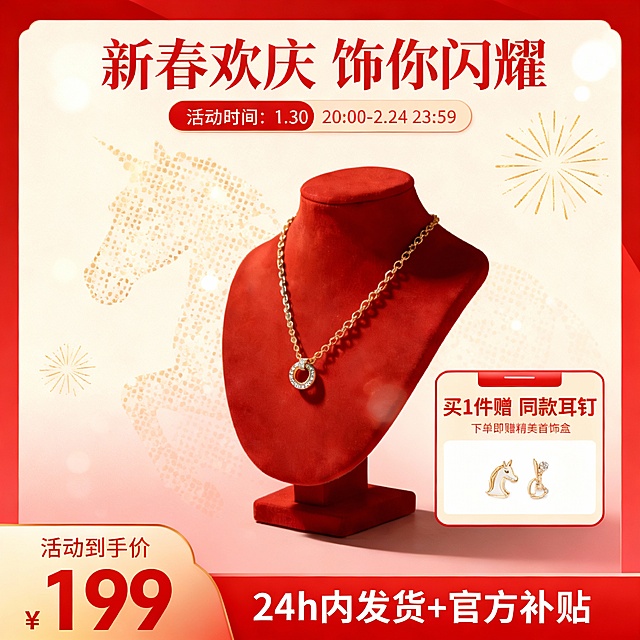 电商年货节项链促销主图，背景有奢华正红色渐变边框，红色渐变米色底色，背景上有弥散点组成的抽象奔马头形状，背景点缀金色烟花图形与光斑；
画面中是主体；
画面顶部主标题为红色字体：“新春欢庆 饰你闪耀”，画面右下侧是红边米色底的促销框红色字体：“买1件赠同款耳钉”，“下单即赠精美首饰盒”下面有一对小马耳钉图片展示；

顶部金色标题下有红边米色圆角活动时间标签：“活动时间：1.30 20:00-2.24 23:59”；
底部左侧是红金渐变的价格栏，显示“活动到手价¥199”，右侧是红色底栏在主体背后，白色字体：“24h内发货+官方补贴”；