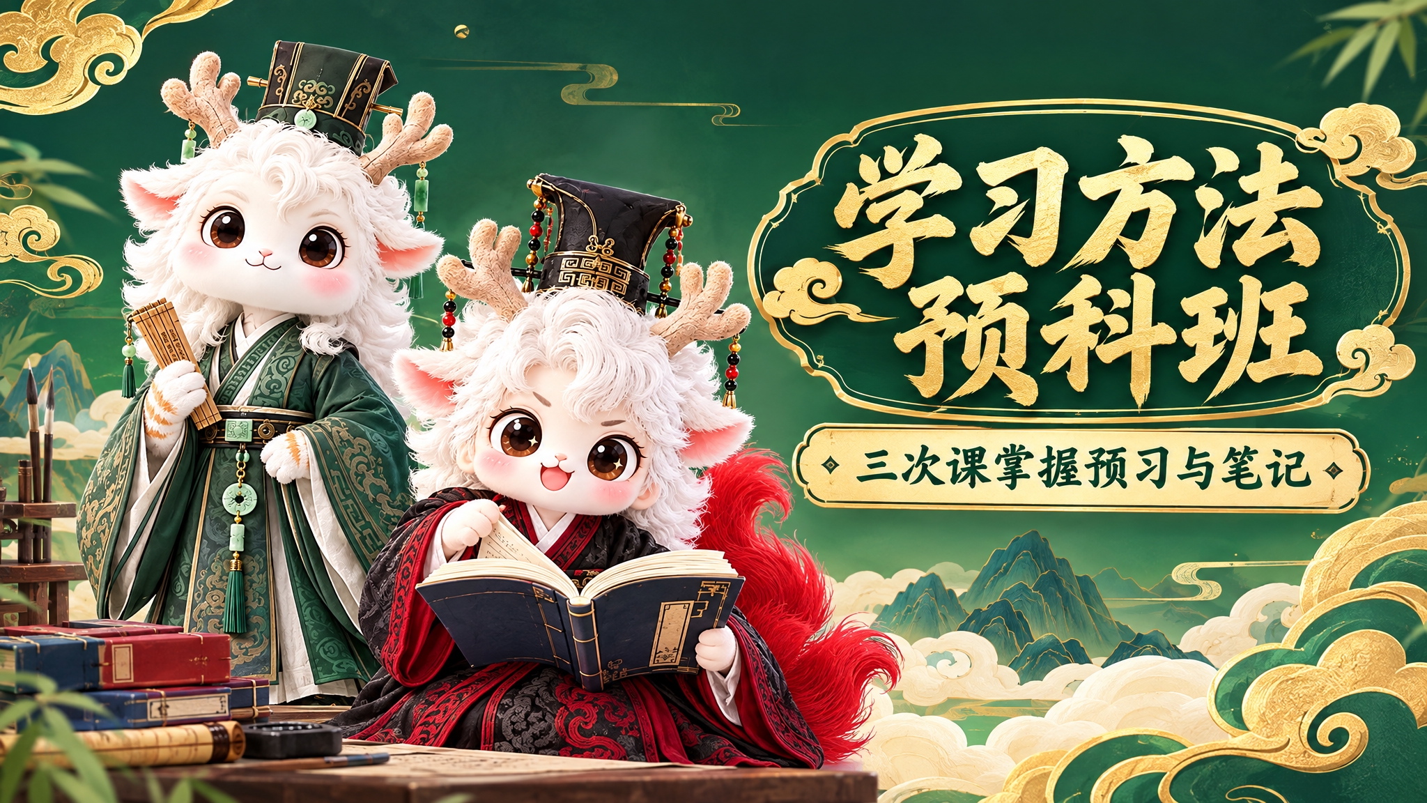 横版卡通教育海报，尺寸540x292，画面中有两只可爱的白色小… - 图片创意预览