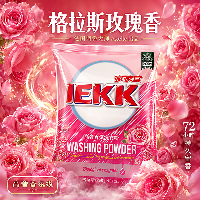 [主图-3] 格拉斯玫瑰香氛 持久留香通感表达图。
[氛围风格] 浪漫高级香氛感 粉玫金配色 沉浸式留香体验 抖音视觉冲击风。
[画质] 超高清商业摄影 画面唯美通透 玫瑰花瓣细腻 2K分辨率。
[光影] 右侧逆光为主 光线穿透玫瑰花瓣呈现半透明质感 左侧柔光补光 产品正面清晰 整体暖调柔光 浪漫梦幻。
[配色] 主色玫瑰粉 玫红 辅色金色 米白 暖调粉金体系。
[视角构图] 微仰视 产品居中 周围环绕玫瑰和香氛粒子 画面饱满 满屏无边框。
[元素] 家家宜IEKK洗衣粉包装袋位于画面中心 产品占比约55% 真实三维立体质感 外观与原图完全一致。产品周围环绕数十朵大小不一的格拉斯粉玫瑰 有的盛开有的半开 花瓣层层叠叠细腻真实 从产品四周向画面外飘散。玫瑰之间有金色香氛粒子和柔粉色香气流线 呈螺旋上升状 表现持久留香的通感。背景为渐变的粉玫色 由中心浅粉向四周深玫红过渡 有柔和光斑。底部有一层轻柔的白色云雾感 增加梦幻氛围。保持产品外观物理结构材质质感颜色与输入产品图绝对一致 杜绝变形色差 精细化处理 产品与玫瑰香气自然融合。
[文字版式] 上方居中主标题"格拉斯玫瑰香" 白色粗体最大号无衬线 字体优雅。主标题下方一行小字装饰"法国调香大师 Axelle 出品" 金色细体。右下角竖排装饰词"72小时 持久留香" 白色字体 分两行排列 上大下小。左下角圆角标签"高奢香氛级" 金字粉底。
[输出要求] 1:1比例 文字清晰锐利 超高清商业摄影质感。
[负向提示词] 变形 文字错乱 产品图模糊 背景杂乱 水印 电商平台Logo 多余的手 畸形手。