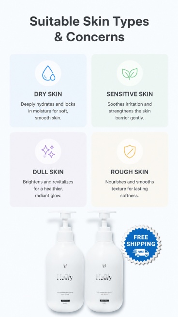 [第7屏] Suitable Skin Types & Concerns. This screen uses [image1] for product placement at the bottom.预览效果